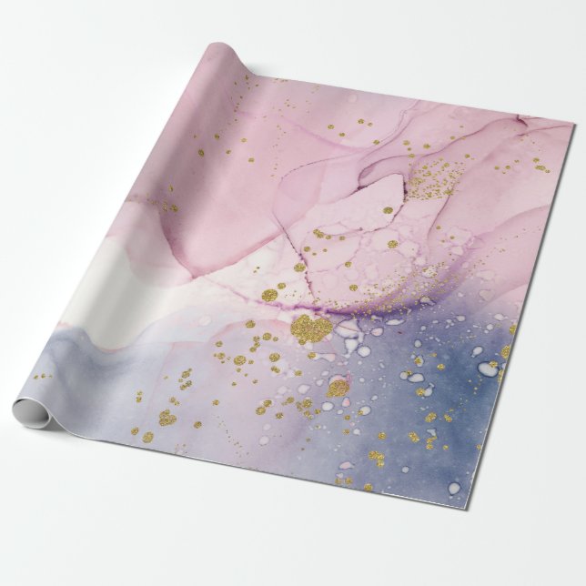 Etterliknande ljust blårosa och guld bläckig fanta presentpapper (Utrullad)