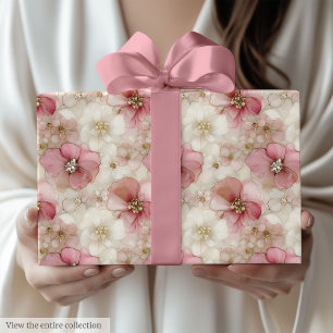 Etterliknande rosa och guld blomsterfödelsedagsrul presentpapper