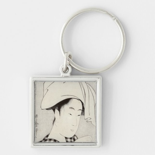 Etthus i Ryogoku Fyrkantig Silverfärgad Nyckelring (Framsidan)