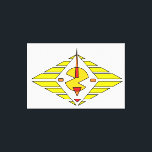 Etude12. Gateway. Canvastryck<br><div class="desc">"Etude12. Gateway" is an abstract graphic composition featuring a bold geometric style. At its heart lies a stylized yellow disc intersected by dynamic red and orange elements resembling arrows or antennas. The entire composition is framed within a diamond shape formed by parallel golden plates against a deep black background. The...</div>