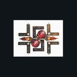 Etude № 15 - "To the Four Cardinal Directions" . Canvastryck<br><div class="desc">A complex digital illustration of a mystical navigational artifact titled "To the Four Cardinal Directions." The piece features a central mechanical core with interlocking gears, flanked by two deep crimson spheres containing swirling cosmic nebulae. Four dark, ornate L-shaped brackets extend outward, decorated with glowing constellations, astrological signs, and ancient symbols...</div>