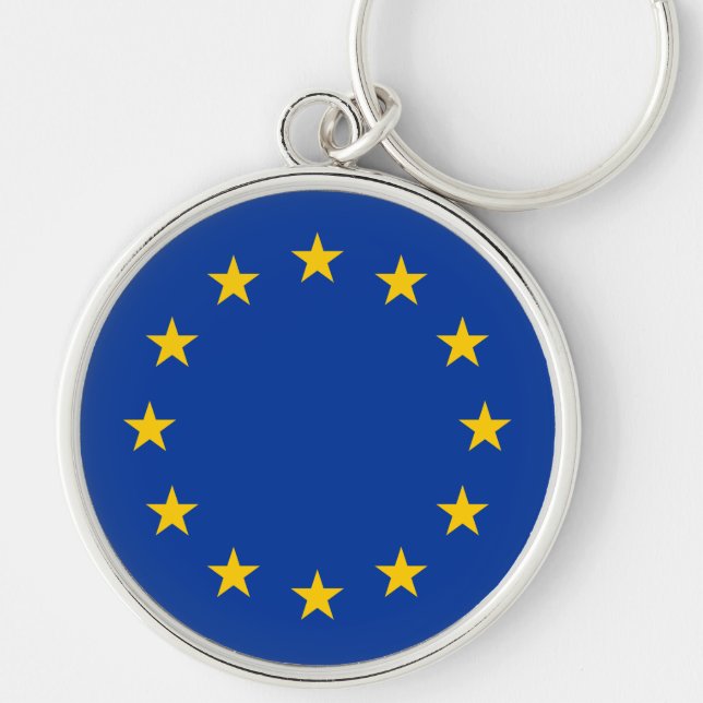 EU-Flagga Rund Silverfärgad Nyckelring (Framsidan)