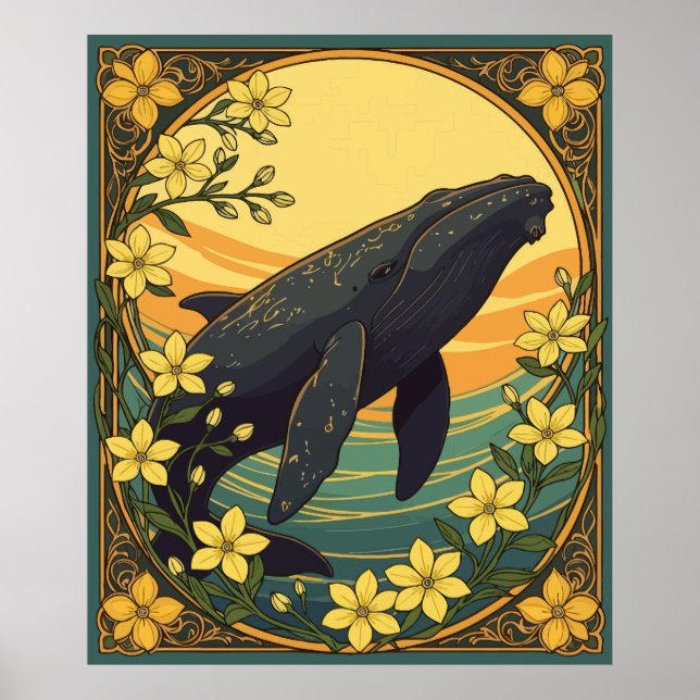 Eubalaena glacialis och Gult Jasmine Flowers Poster (Framsidan)