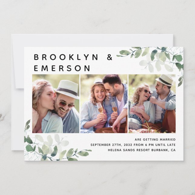 Eucalyptus 3 Photo QR Code Bröllop Inbjudningar (Framsida)