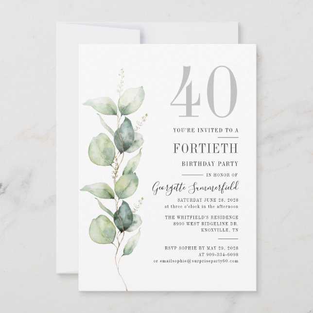 Eucalyptus 40:e födelsedagen Party Inbjudningar (Framsida)