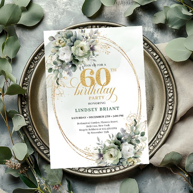 Eucalyptus 60-årsdag Vattenfärg Grön Inbjudan (Eucalyptus 60th Birthday Watercolor Green Invite

)