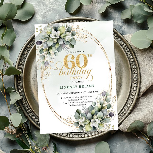 Eucalyptus 60-årsfirande Grön Och Guld Inbjudan (Eucalyptus 60th Birthday Green And Gold Invite

)