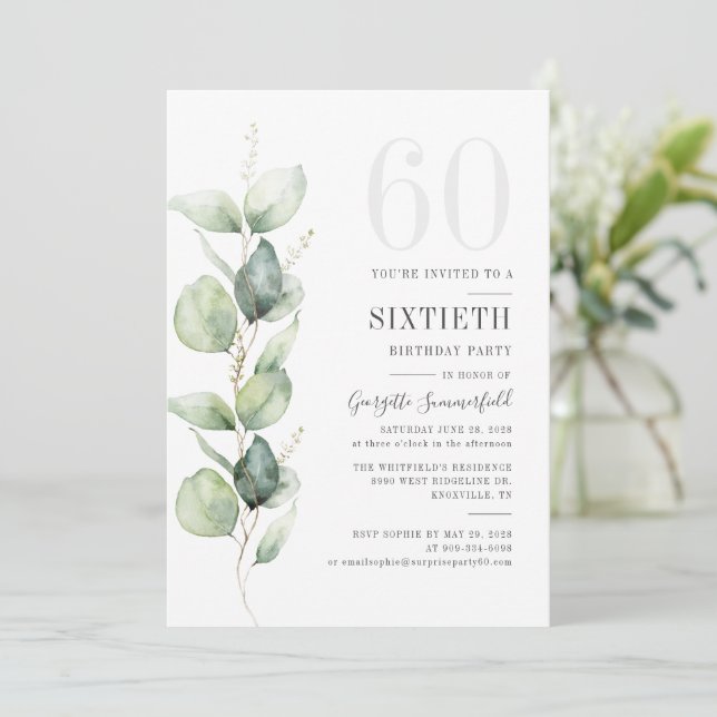 Eucalyptus 60:e födelsedagen Botanical Grey Party Inbjudningar (Stående Fram)