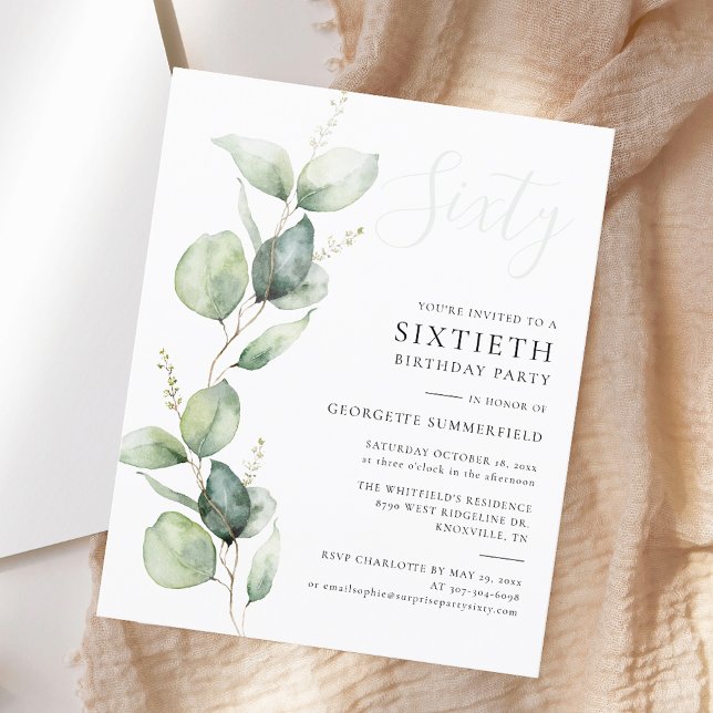 Eucalyptus 60 Födelsedagsfest inbjudan (Eucalyptus Budget 60th Birthday Party Invitation)