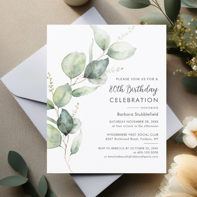 Eucalyptus 80 Födelsedagsfest inbjudan (80th Birthday Party Sage Green Eucalyptus Block Stem Budget Invitation)