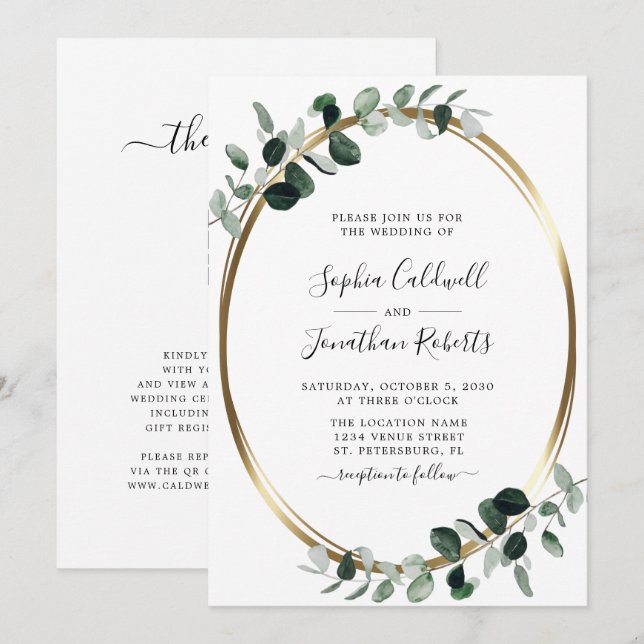 Eucalyptus Alla i en QR-kod OSA Bröllop Inbjudningar (Fram/baksida)