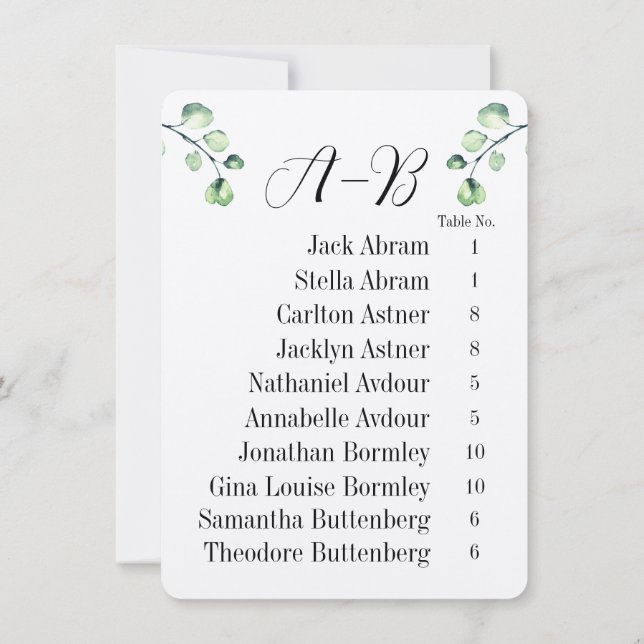Eucalyptus Alphabetical 10 Guest Table Chart Cards Inbjudningar (Baksida)