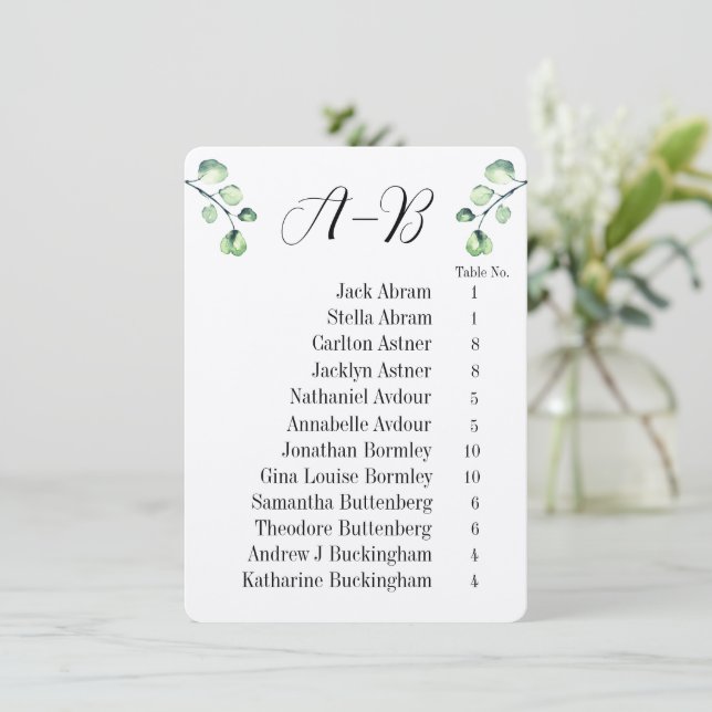 Eucalyptus Alphabetical 12 Guest Table Chart Cards Inbjudningar (Stående Fram)