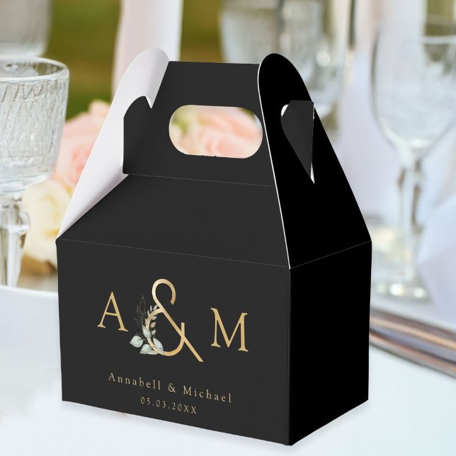 Eucalyptus Ampersand Bröllop Box Presentaskar (Eucalyptus Ampersand Wedding Box, Black Gold with your monogram, names + date)