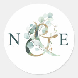 Eucalyptus Ampersand Guld Grönt Bröllop Runt Klistermärke
