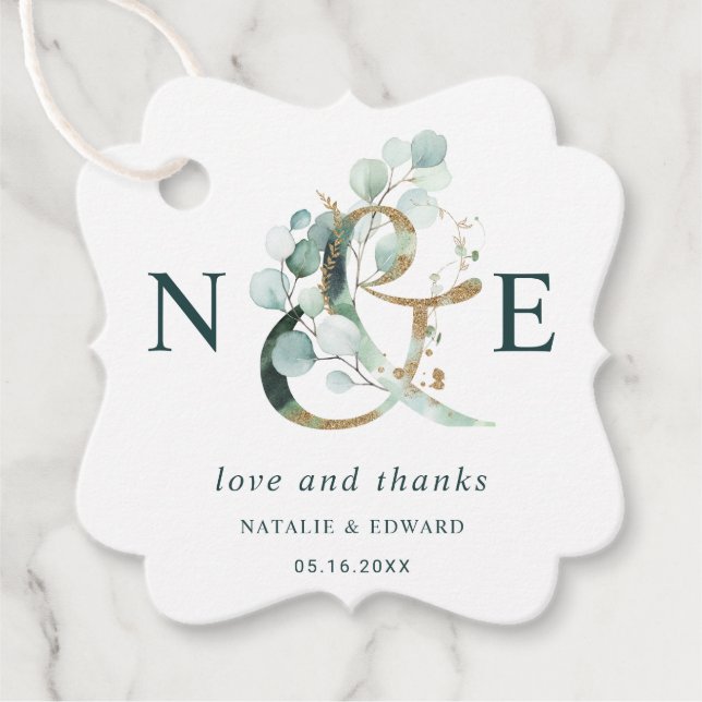 Eucalyptus Ampersand Guld Grönt Bröllop Tack Gåvor Etiketter (Framsida)