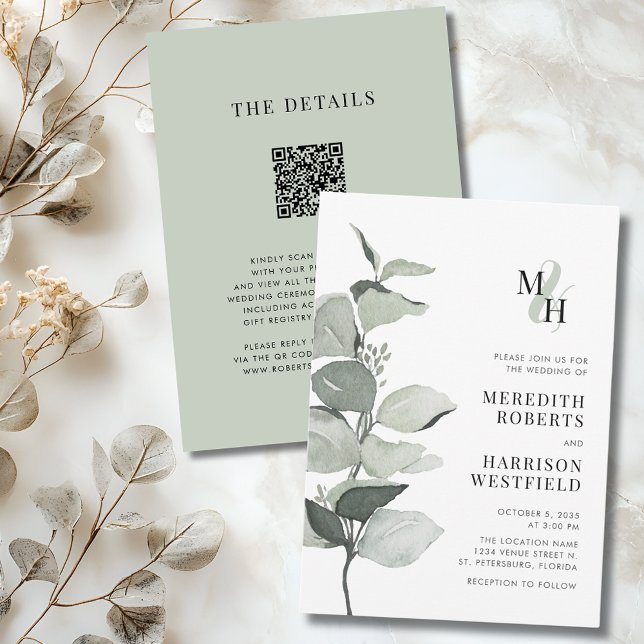 Eucalyptus Ampersand Monogram QR Bröllop Inbjudningar (Eucalyptus Ampersand Monogram QR Code Wedding Invitation)