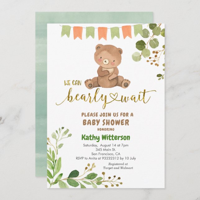 Eucalyptus and Bear We Can Bearly Wait Baby Shower Inbjudningar (Fram/baksida)