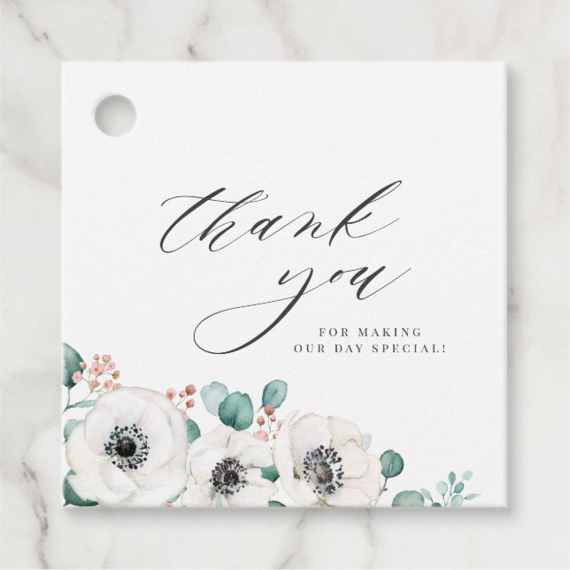 Eucalyptus anemon blommigt tack bröllop gåvor etiketter (Framsida)