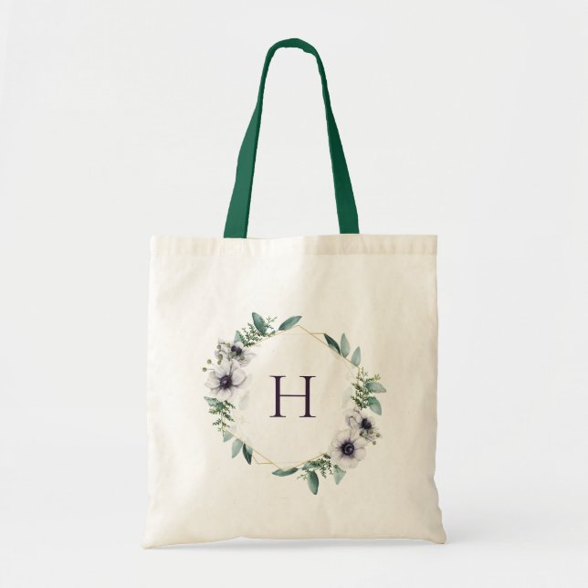 Eucalyptus Anemon Blommigt Utandning Monogram Tygkasse (Framsidan)