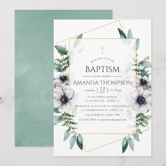 Eucalyptus Anemone Geometric Baptism/Christening Inbjudningar (Fram/baksida)