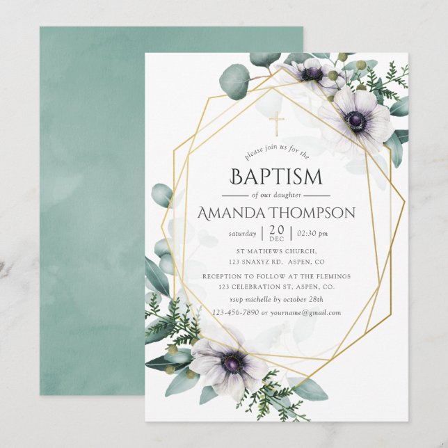 Eucalyptus Anemone Geometric Baptism/Christening Inbjudningar (Fram/baksida)