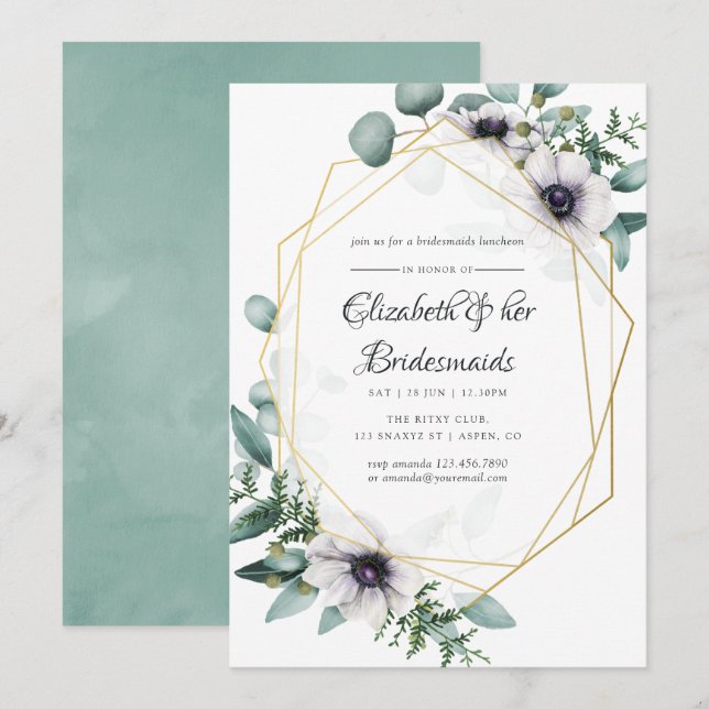 Eucalyptus Anemone Geometric Bridesmaids Luncheon Inbjudningar (Fram/baksida)