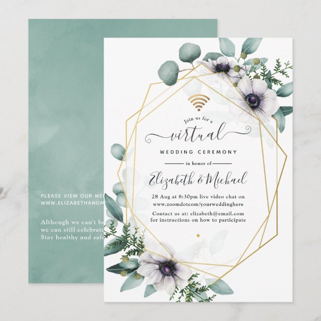 Eucalyptus Anemone Geometric Virtuellare Bröllop Inbjudningar (Fram/baksida)