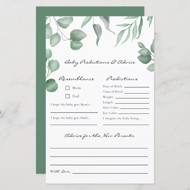 Eucalyptus Baby Shower Game Predictions & Advice (Fram/baksida)