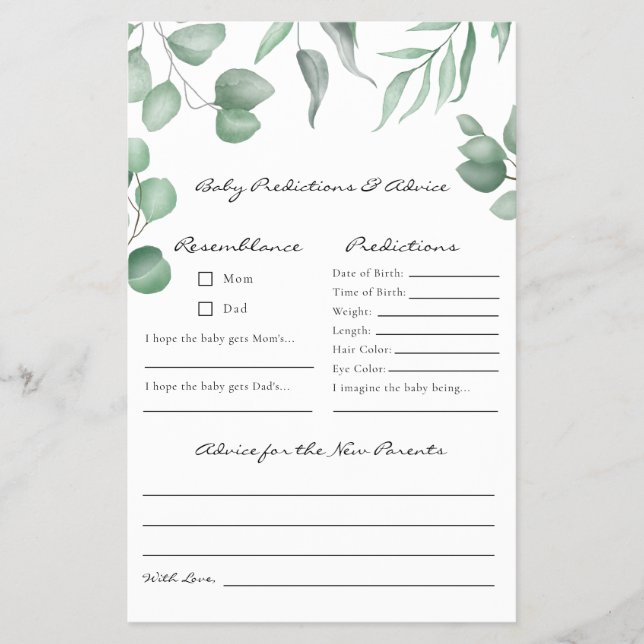 Eucalyptus Baby Shower Game Predictions & Advice Flygblad (Framsidan)
