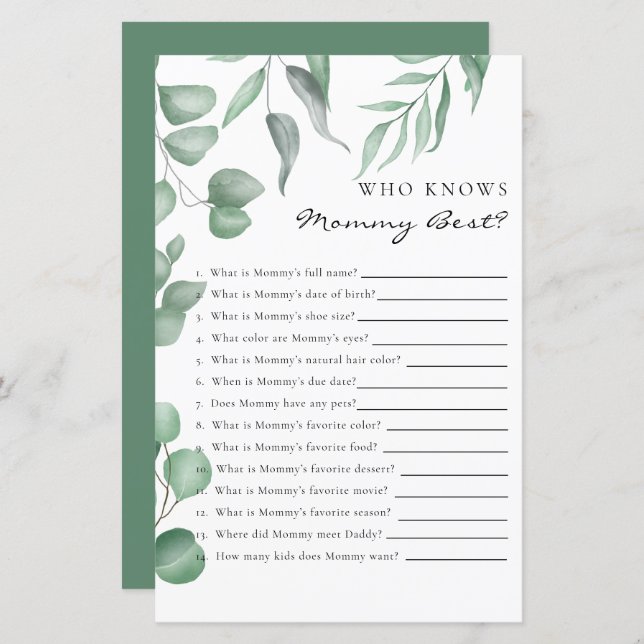 Eucalyptus Baby Shower Game som känner till bästa  (Fram/baksida)