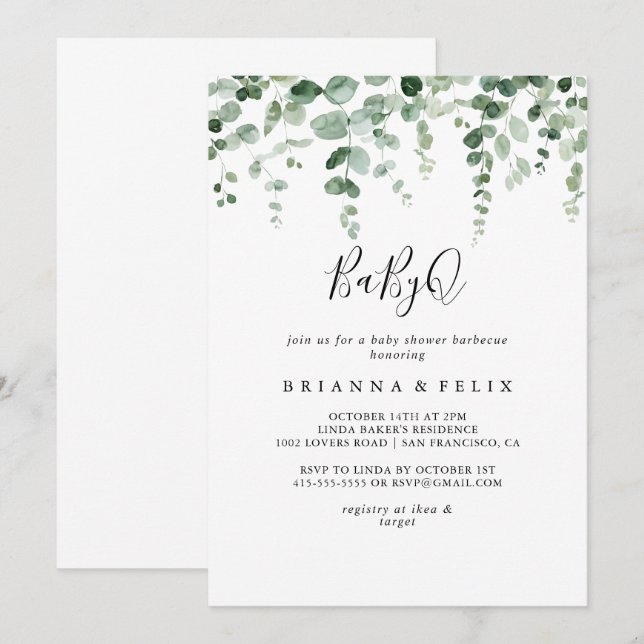 Eucalyptus BabyQ Baby Shower Barbecue Inbjudningar (Fram/baksida)