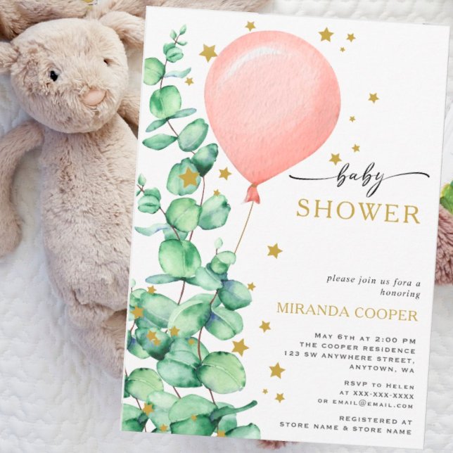 Eucalyptus Balloon Flicka Shower gyllene stjärnor Inbjudningar (Skapare uppladdad)