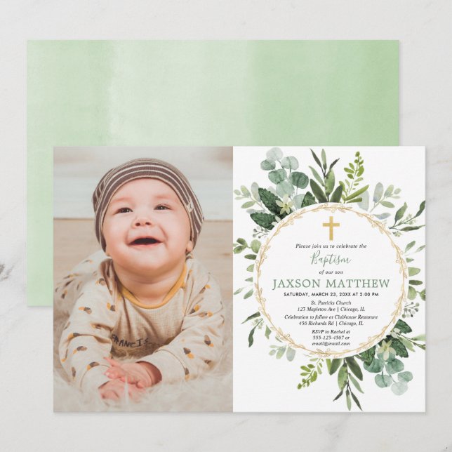 Eucalyptus baptism, grönt blad, modernt foto inbjudningar (Fram/baksida)