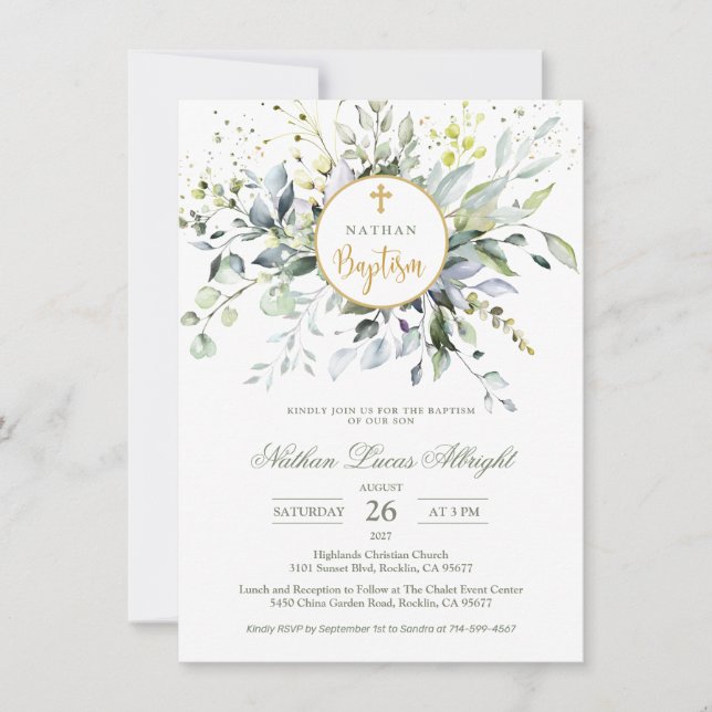 Eucalyptus Baptism i växterna Kor Baby Inbjudningar (Framsida)