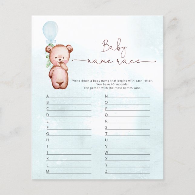 Eucalyptus Bear Baby Namn Tävling Baby Shower Game (Framsida)