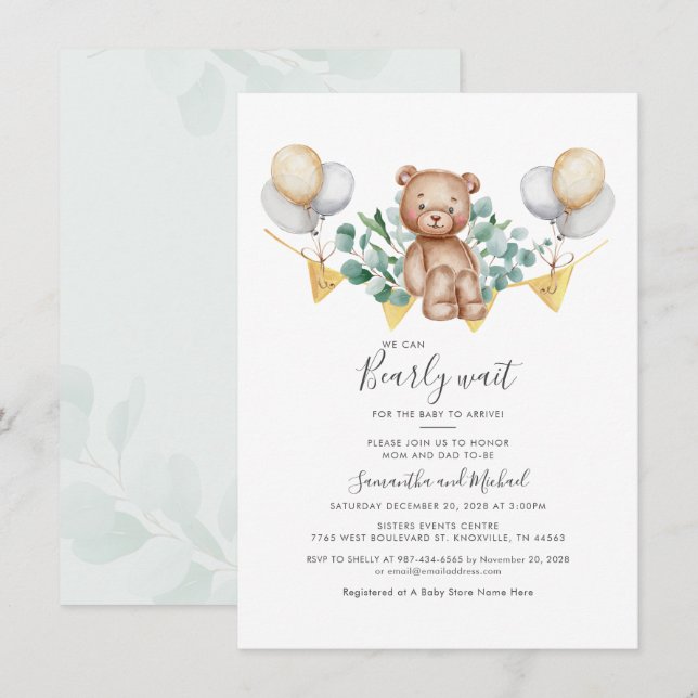 Eucalyptus Bear Botanical Barly Wait Baby Shower Inbjudningar (Fram/baksida)