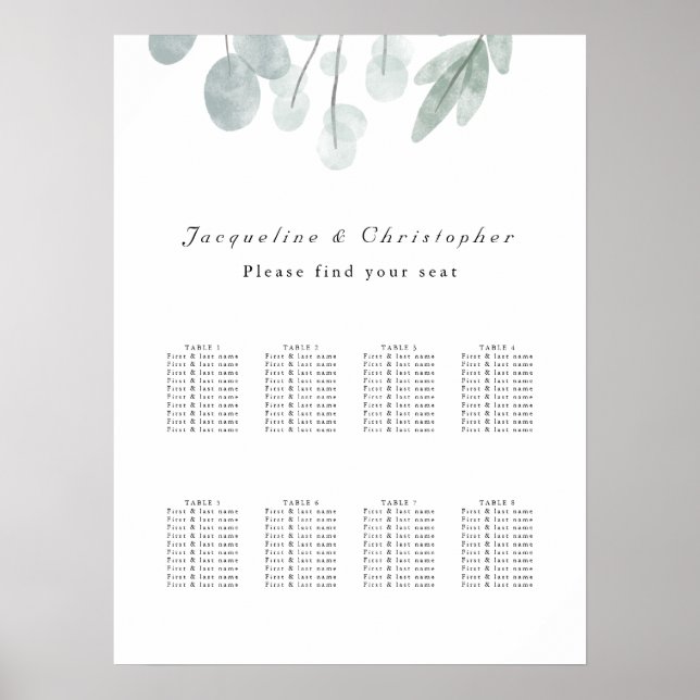 Eucalyptus Blommigt 8 Bord Bröllop sätesdiagram Poster (Framsidan)