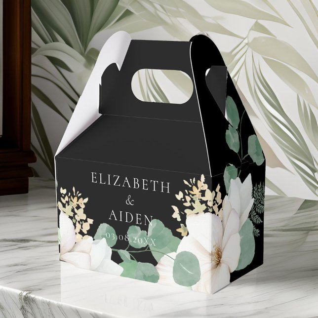 Eucalyptus Blommigt Bröllop Collection Presentaskar (Eucalyptus Floral Wedding Collection Favor Boxes,black, white. With your name and date)