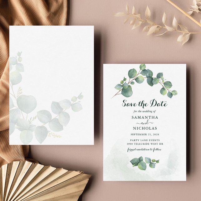 Eucalyptus Blommigt Bröllop spara datum Anteckningskort (Eucalyptus Foliage Script  Wedding Save the Date Card)