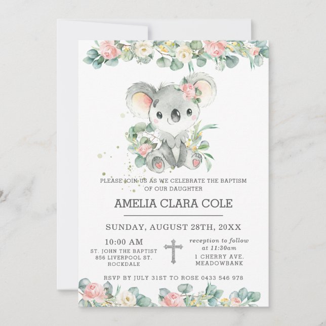 Eucalyptus Blommigt Cute Koala Baptism Christening Inbjudningar (Framsida)