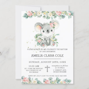 Eucalyptus Blommigt Cute Koala Baptism Christening Inbjudningar