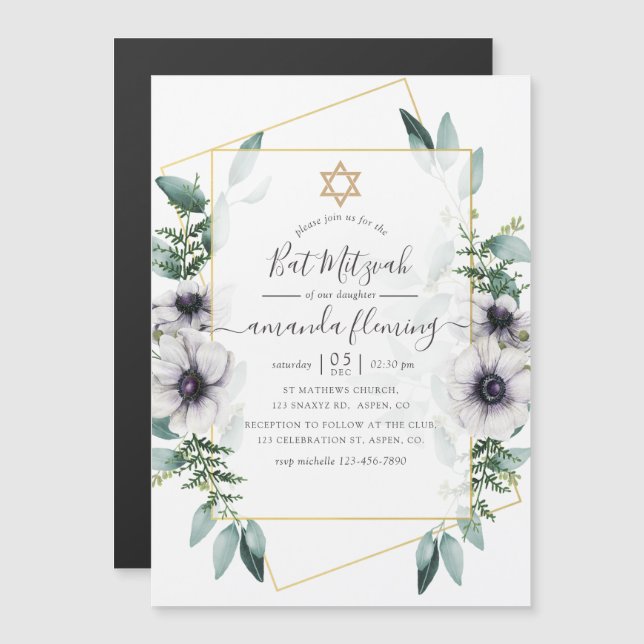 Eucalyptus Blommigt Geometric Bat mitzvah Magnetisk Inbjudningskort (Fram/baksida)