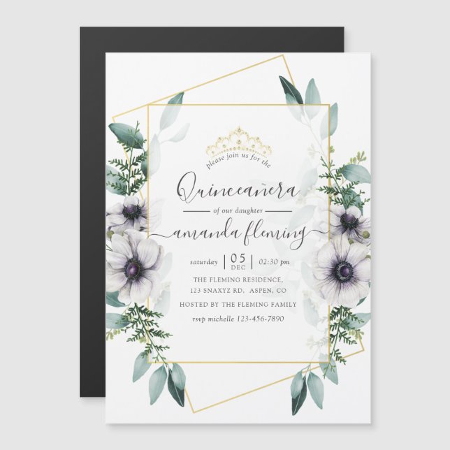 Eucalyptus Blommigt Geometric Quinceañera Magnetisk Inbjudningskort (Fram/baksida)