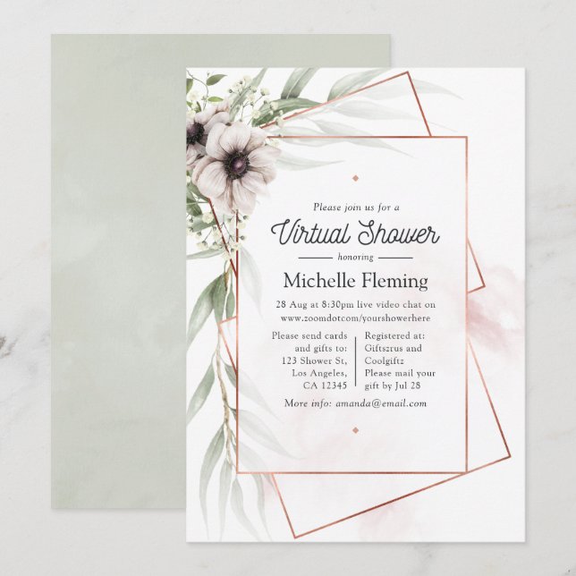 Eucalyptus Blommigt Geometric Virtuell Baby Shower Inbjudningar (Fram/baksida)