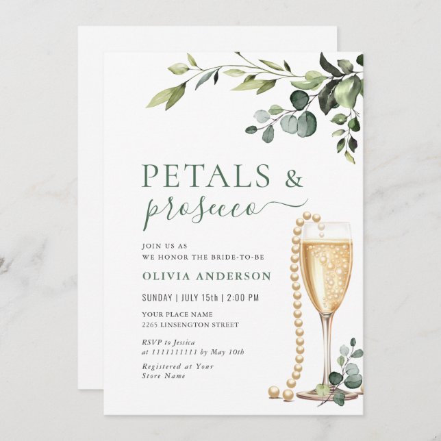 Eucalyptus Blommigt Möhippa PETALS & Prosecco Inbjudningar (Fram/baksida)