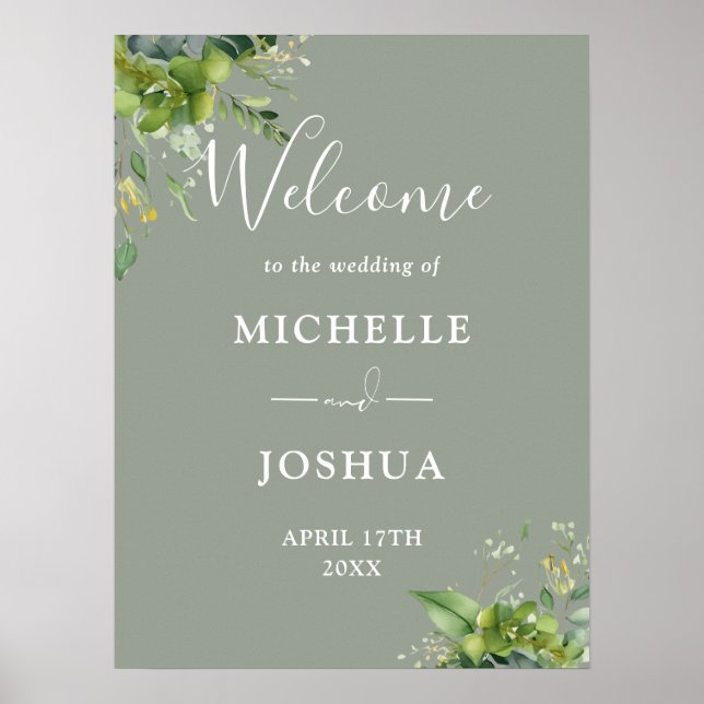 Eucalyptus Blommigt Sage Grönt Bröllop Välkomsttec Poster (Framsidan)
