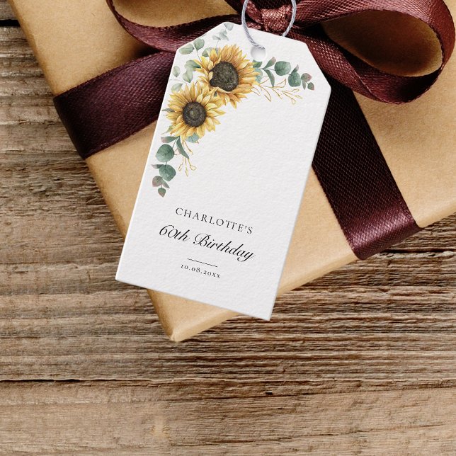 Eucalyptus Blommigt Solros 60:e Födelsedagsfesten Presentetikett (Sunflower Eucalyptus Floral 60th Birthday Gift Tag)