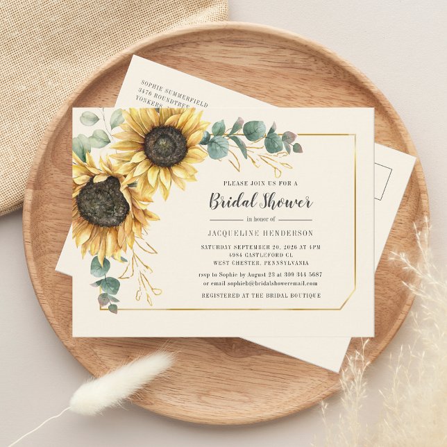 Eucalyptus Blommigt Solrosskript Möhippa Inbjudan Vykort (Floral Sunflower Eucalyptus Greenery Bridal Shower Invitation Postcard)