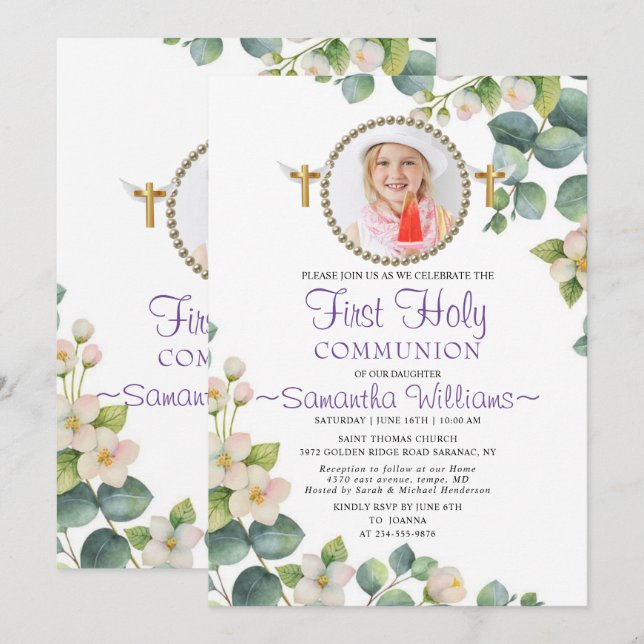 Eucalyptus Bloom Photo First Communion-inbjudan Inbjudningar (Fram/baksida)